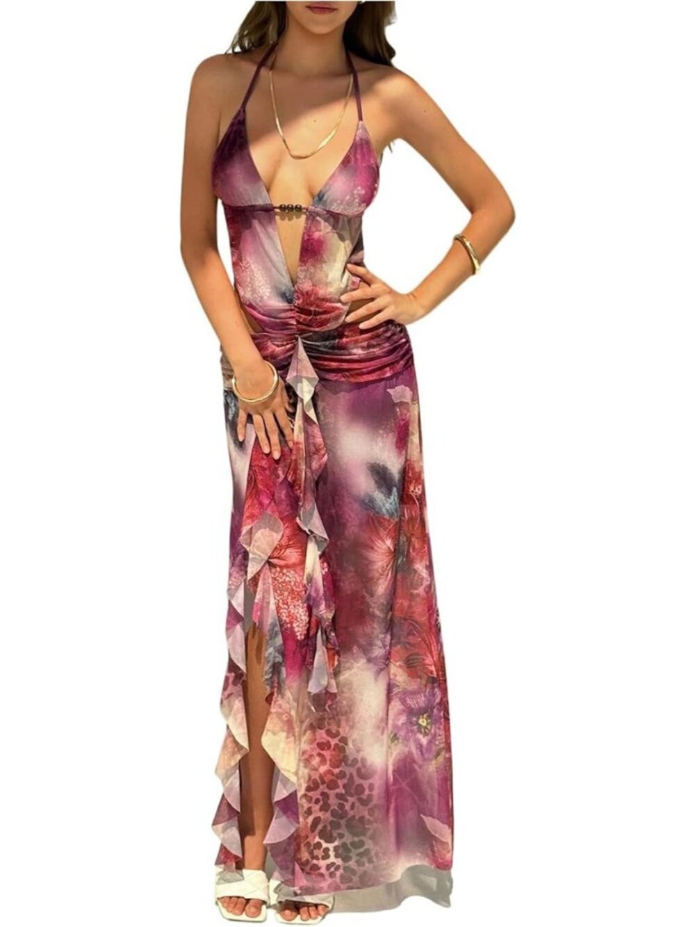 Floral Halter Maxi Dress with Ruffle Slit - Summer Boho Chic Style for Women